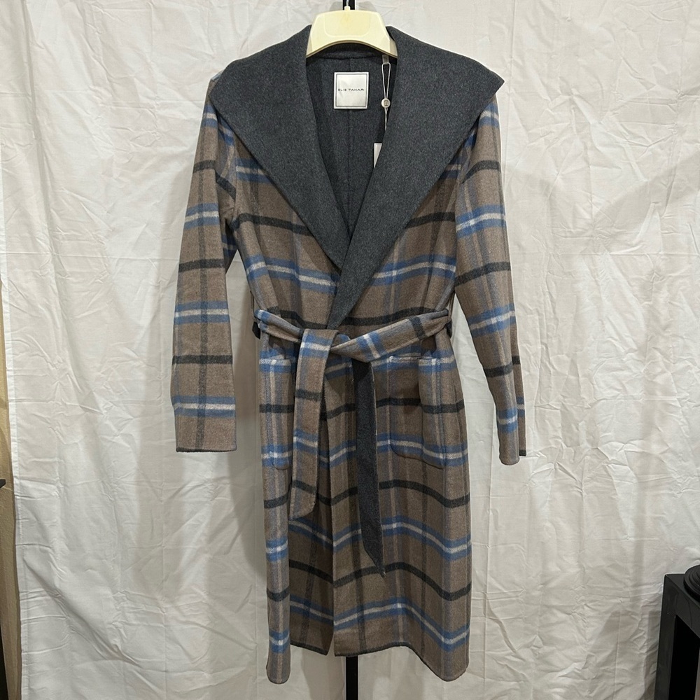 NEW Elie Tahari Wallace Plaid Wrap Coat Gray Wool Fox Hare Silk Size Large - Picture 4 of 9